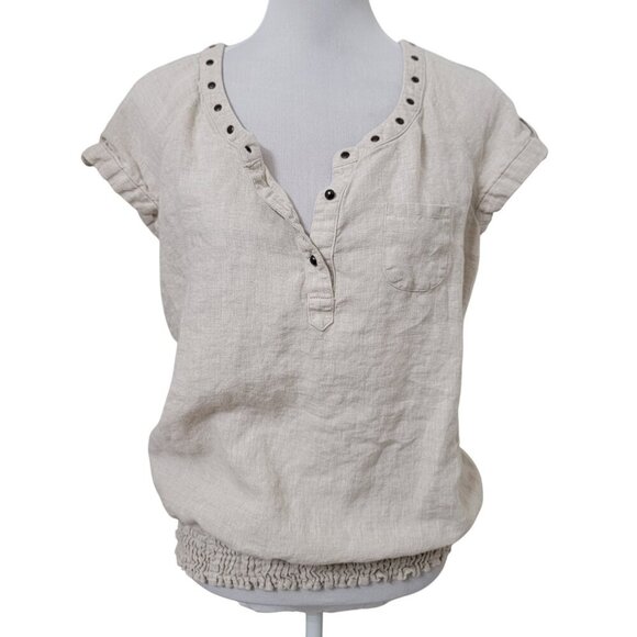 Style & Co Size 10 Oatmeal Colored 100% Linen Studded Neckline Short Sleeve Top - Picture 1 of 12